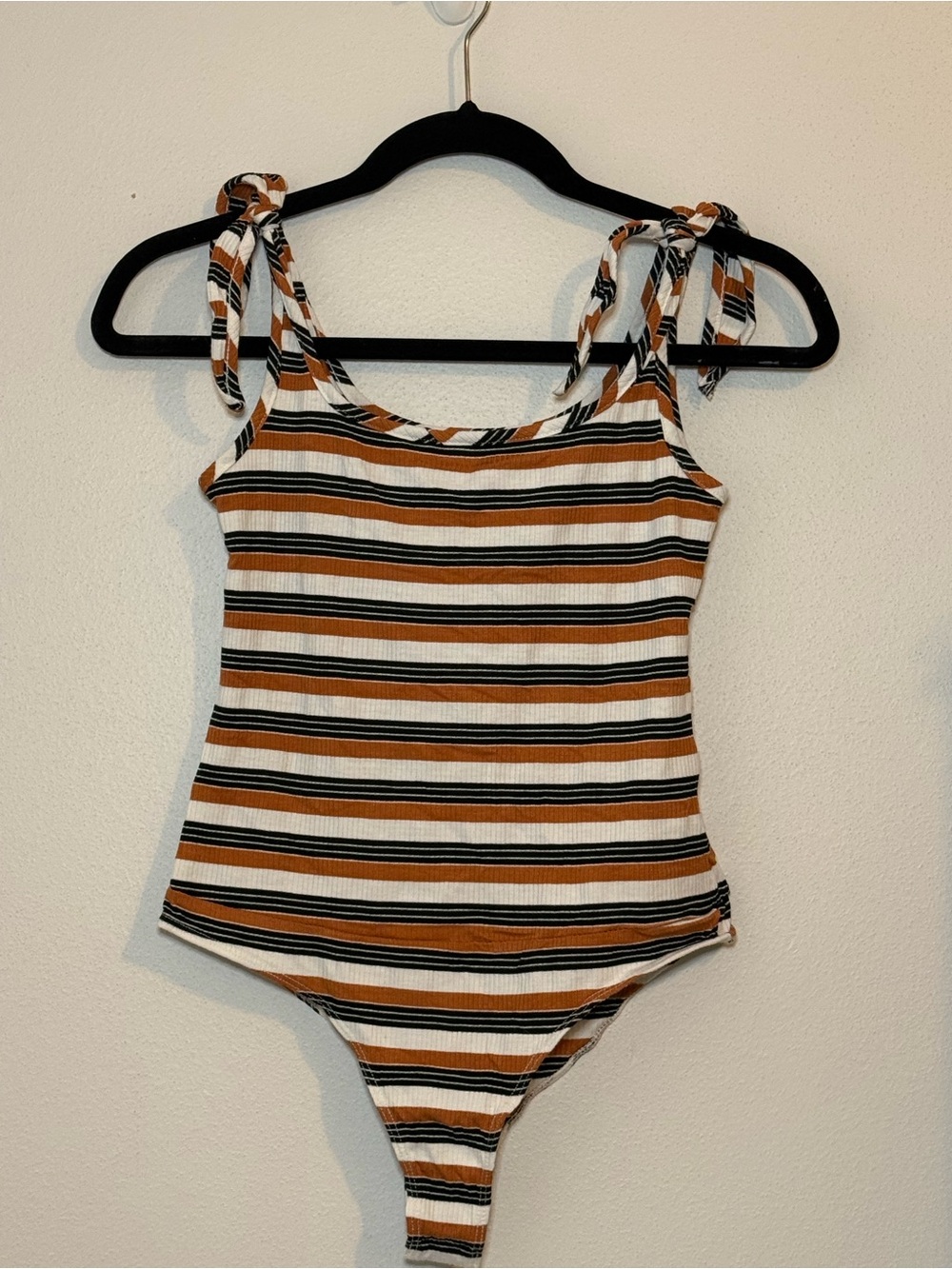 Striped Tie Shoulder Bodysuit Rust Black Cream Ribbed NWT